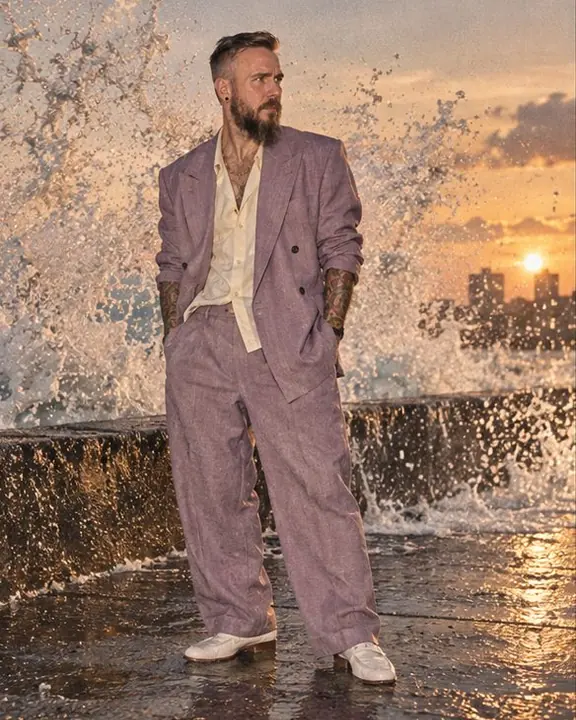 A bearded man in a lilac suit stands on the Havana seawall as a wave explodes behind him, spray frozen by flash