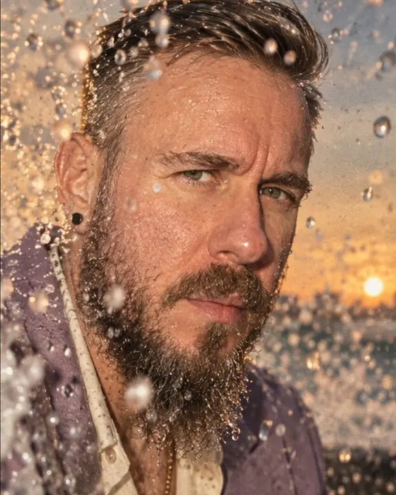 Close-up of a bearded man's face surrounded by sea droplets frozen in midair by flash at sunset