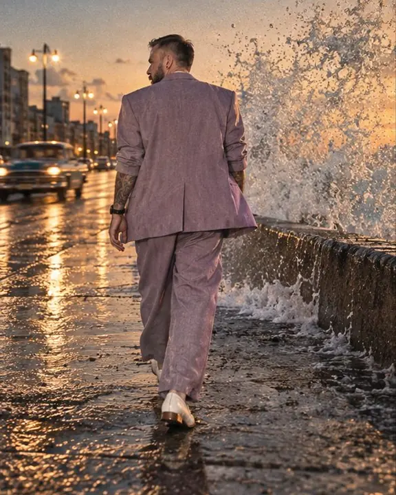 A man walks away along the Havana seafront under a frozen arc of wave spray, warm faded colors
