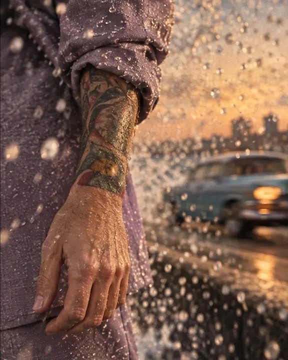 A faded lilac suit sleeve covered in sea droplets frozen sharp by flash against a warm sunset