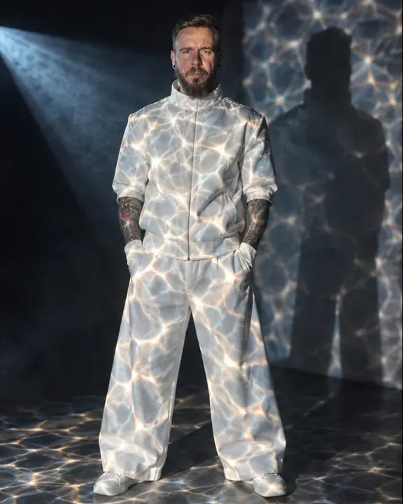 A man in a white sculptural outfit covered in projected water caustics, the projector beam visible in haze