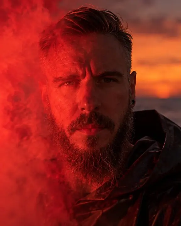 Close-up of a bearded man's face half lit red by a flare and half in darkness at dusk on the shore