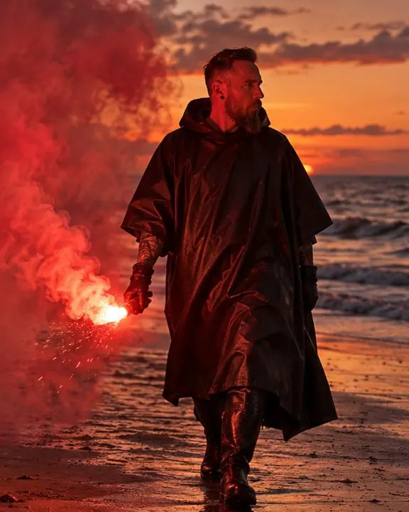 A man walking along the shore at dusk holding a burning flare, a trail of red smoke behind him