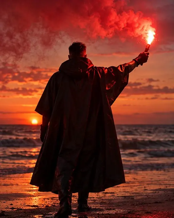 Silhouette of a hooded man from behind against an orange afterglow sky, red smoke drifting around
