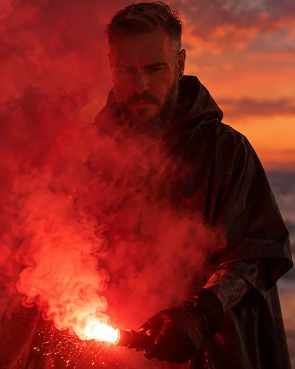 A bearded man holding a flare low, glowing red smoke rising past his face on a dark beach