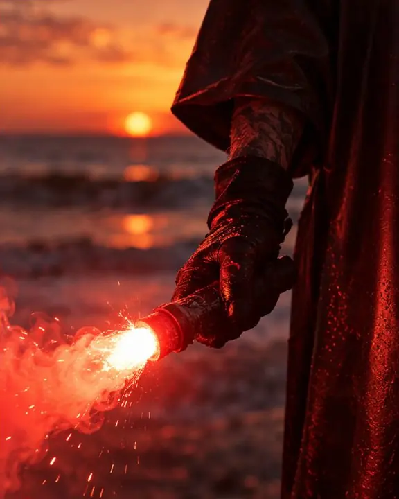 Detail of a gloved hand gripping a marine flare, sparks flying and red smoke pouring out