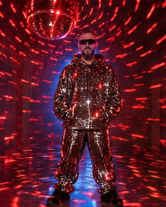 Full-length bearded man in a mirror-tiled tracksuit as red arcs of light spiral around the dark room