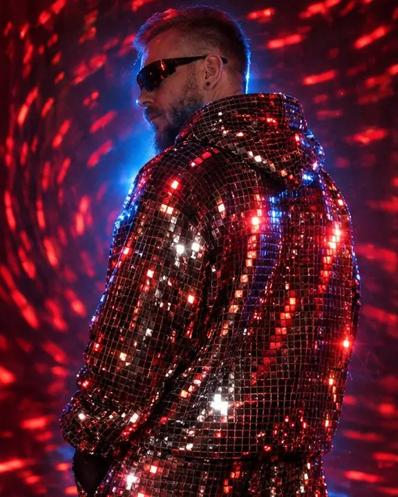 A man in a mirror-tile hoodie throwing his own light streaks back, his outline rimmed in blue