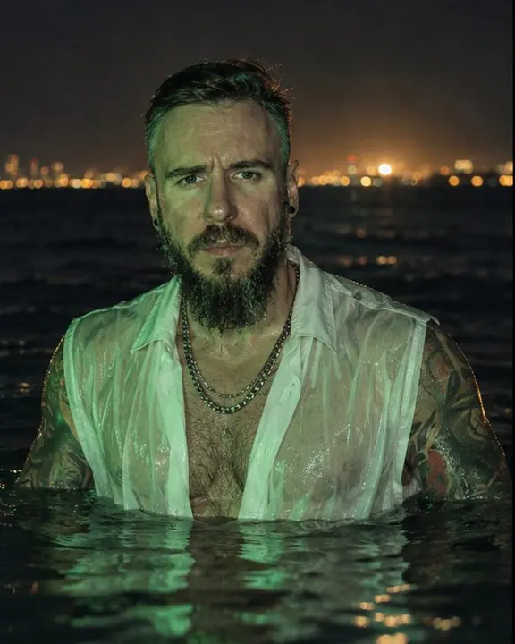 A bearded man waist-deep in a dark sea at night, green ring flash on wet skin, city lights blurred behind
