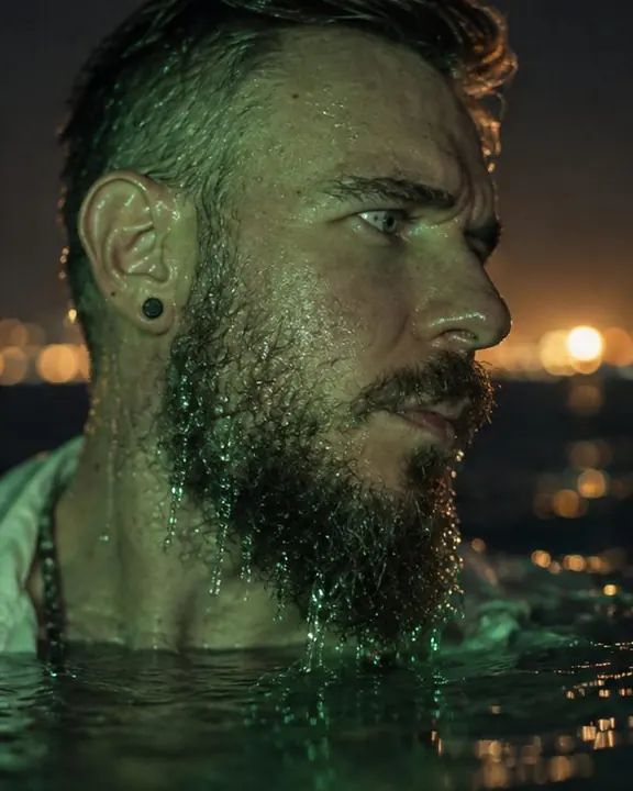 Close-up of water drops on a man's beard glinting emerald green in ring flash light at night