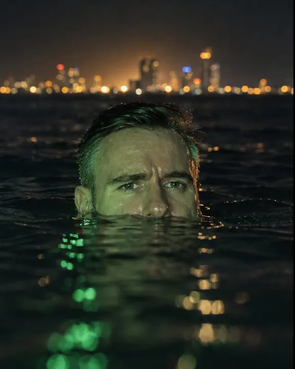 Only a bearded man's head above the dark water, warm city lights glowing as bokeh behind him