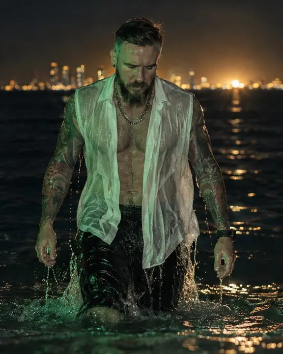 A man walking out of the night sea, water streaming off his open white shirt in green flash light
