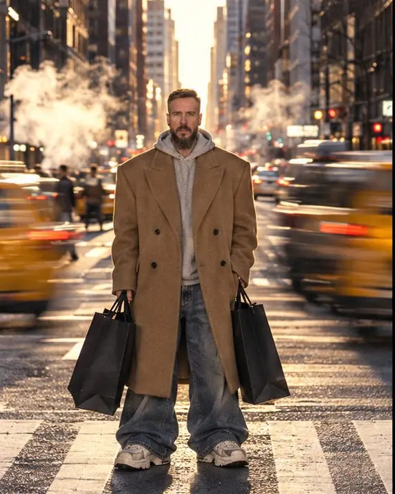 A bearded man stands on a Manhattan crosswalk in a camel overcoat, steam rising behind and yellow cabs streaking by