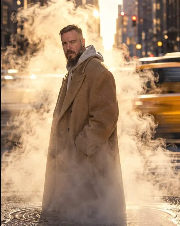 A bearded man stands in backlit manhole steam on a New York avenue, his face emerging from the warm haze