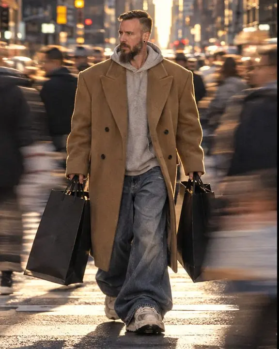 A man walks with two oversized shopping bags, the sidewalk crowd blurred around him while he stays sharp