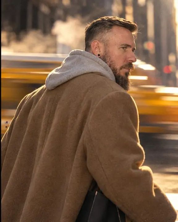The extended shoulder of a camel double-breasted overcoat with a yellow cab motion streak behind it