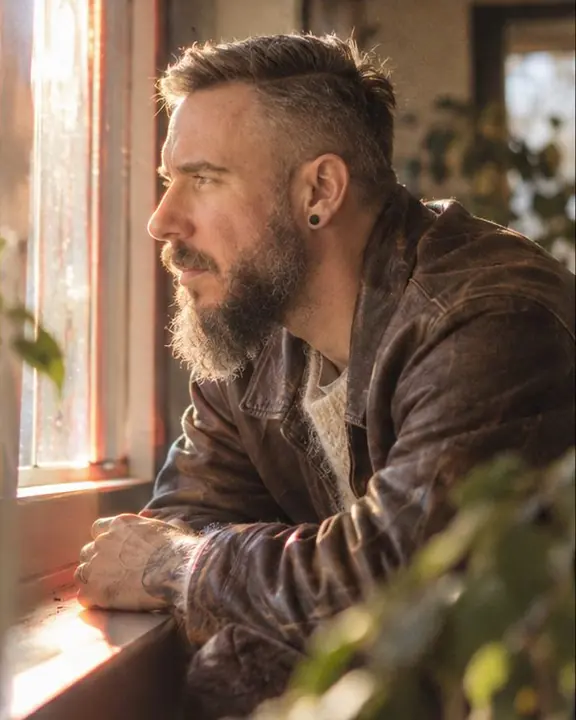 A man in a brown leather coat leans on a windowsill in profile, red halation glowing around the window frame