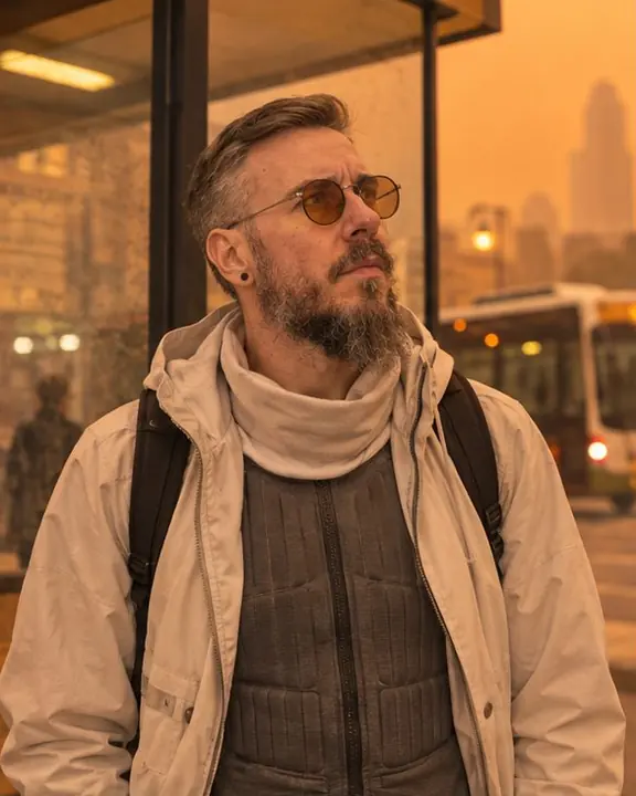 A man waits at a bus stop with a soft filtration collar at his chin, looking up at an amber sky