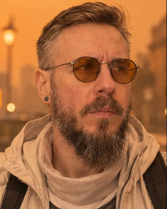 Head and shoulders of a bearded man in round amber-tinted glasses, peach-orange light across his face