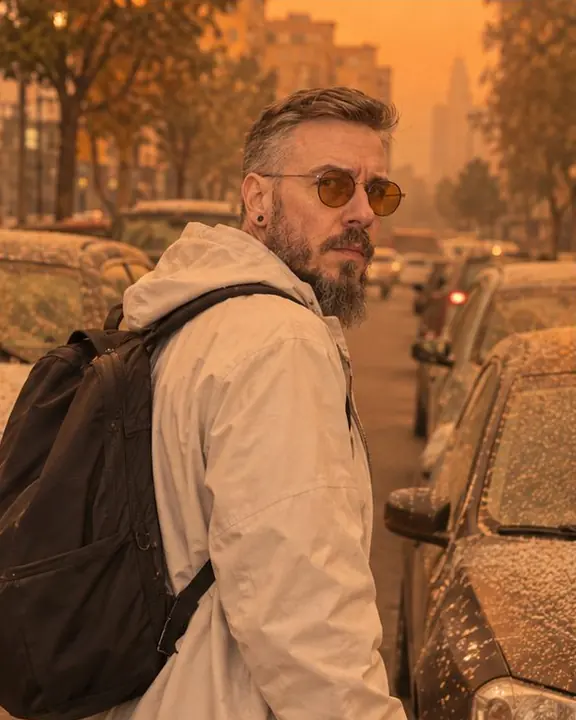 A bearded man walks past parked cars dusted with fine ash and looks back over his shoulder in orange light