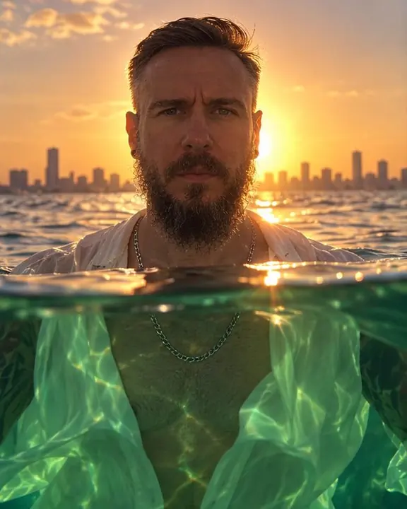 A bearded man chest-deep in the sea at sunset, face backlit above the waterline, his shirt glowing green below
