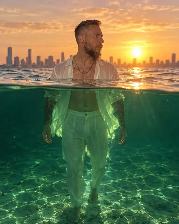 Split view of a city skyline on the horizon above the water and a man's legs in emerald water below