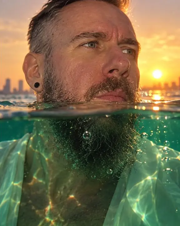 Close-up of a bearded man's chin at the waterline, half his beard underwater in green light