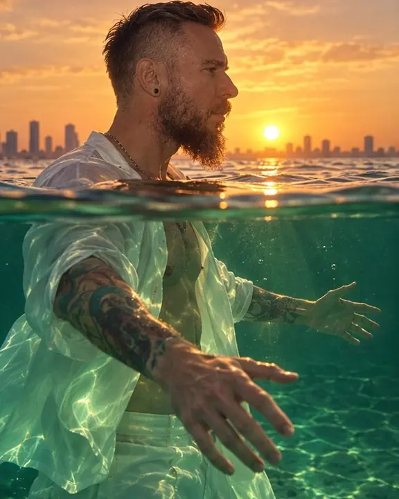 Profile of a man above the water at sunset while his hands spread underwater in emerald green below