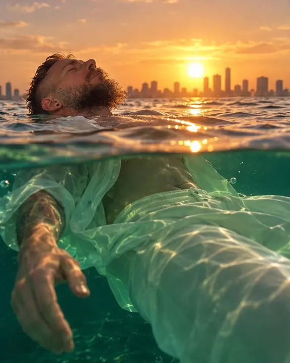 A man lying back on the sea surface, the sunset sky above the line and green depth beneath him