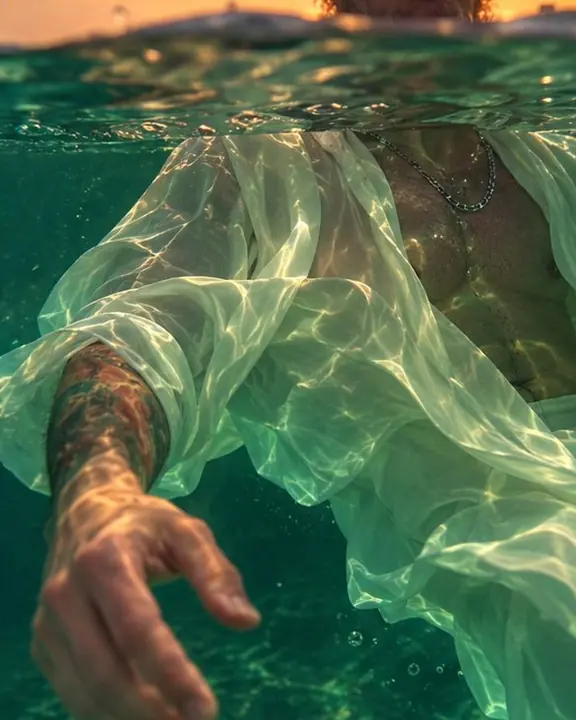 Detail of an ivory silk shirt floating open in emerald water just below the surface of the sea