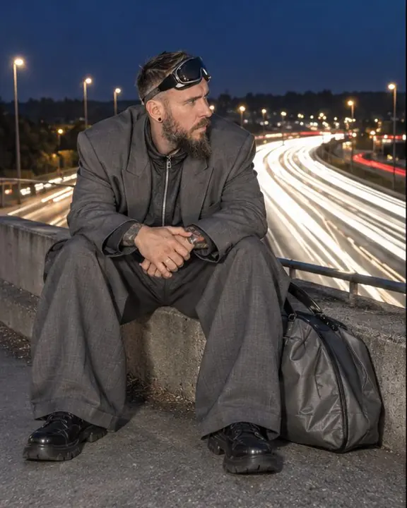 A man seated on a gray nylon carryall at the edge of a bridge, white headlight streaks running below him