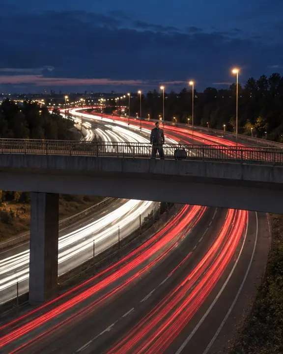 Wide night shot of a man as a tiny figure on a bridge above a highway turned into a web of light trails