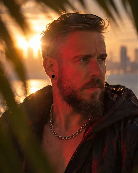 Three-quarter view of a bearded man at sunset, red light on one cheek, blurred palm fronds across the edges