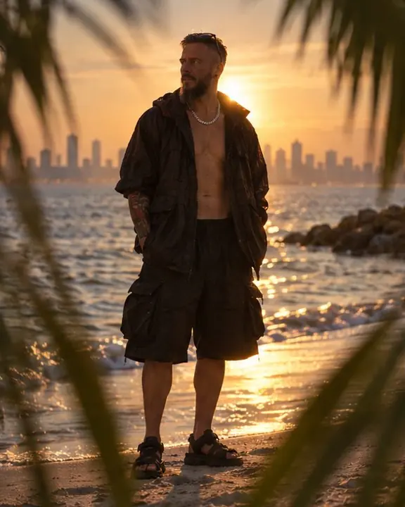 Full-length man in a black nylon parka on sand between two blurred palm fronds, a hazy skyline across the bay