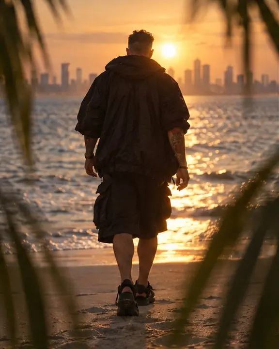 A man seen from behind walking toward the sea in a black parka, the setting sun between his shoulders