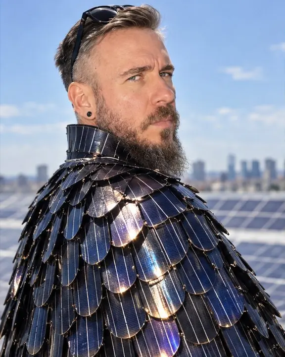A bearded man looks over his shoulder as the solar-cell scales of his cape flash from blue-black to bronze