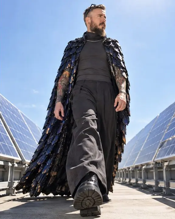 Low angle of a man walking between rows of solar panels, a long iridescent scaled cape trailing behind him