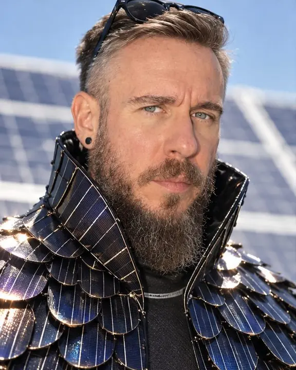 Head and shoulders of a bearded man framed by a high collar of glinting blue-black solar scales
