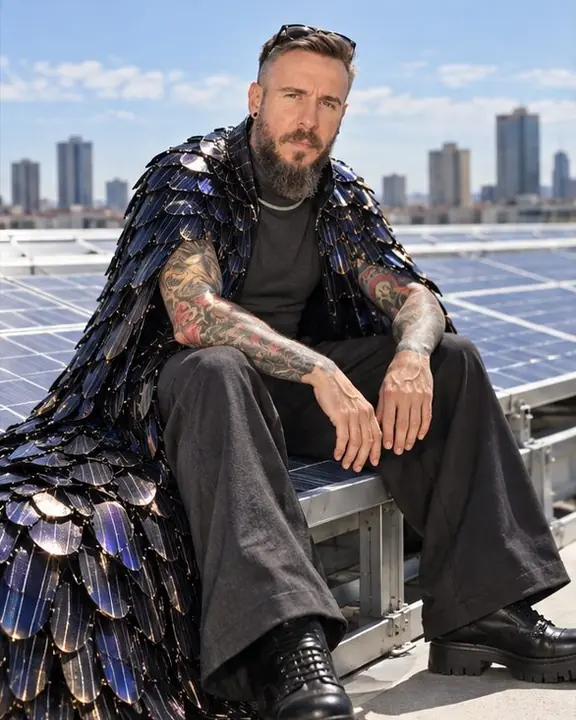 A bearded man sits on the edge of a solar panel frame, his iridescent cape pooled around him, eyes on the lens