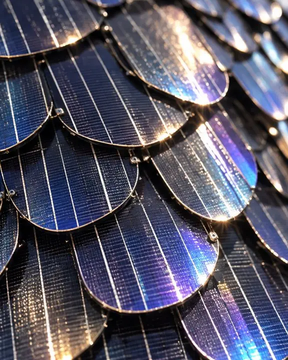 Macro of overlapping blue-black solar scales with thin silver conductor lines, shifting violet and bronze