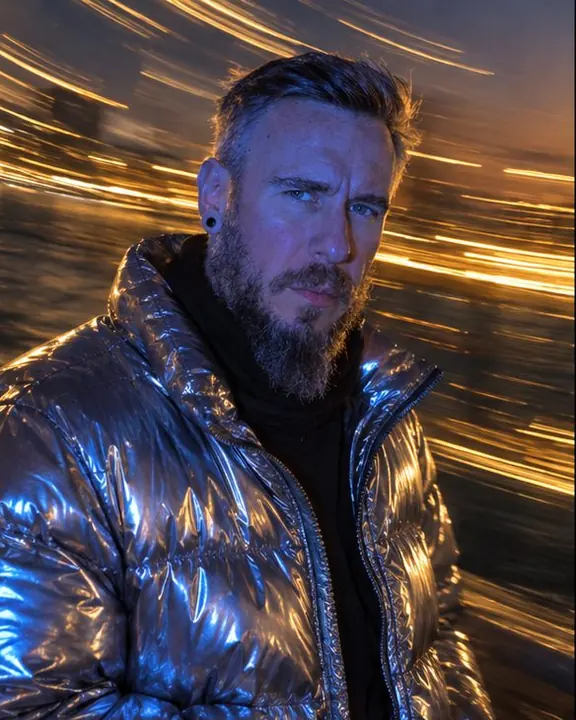 Half-length bearded man frozen in cobalt flash at dusk, golden arcs of city lights swirling behind him