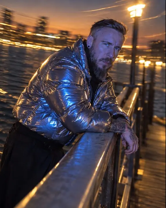 A man leaning on a pier railing above dark water at dusk, golden light trails curving in the background