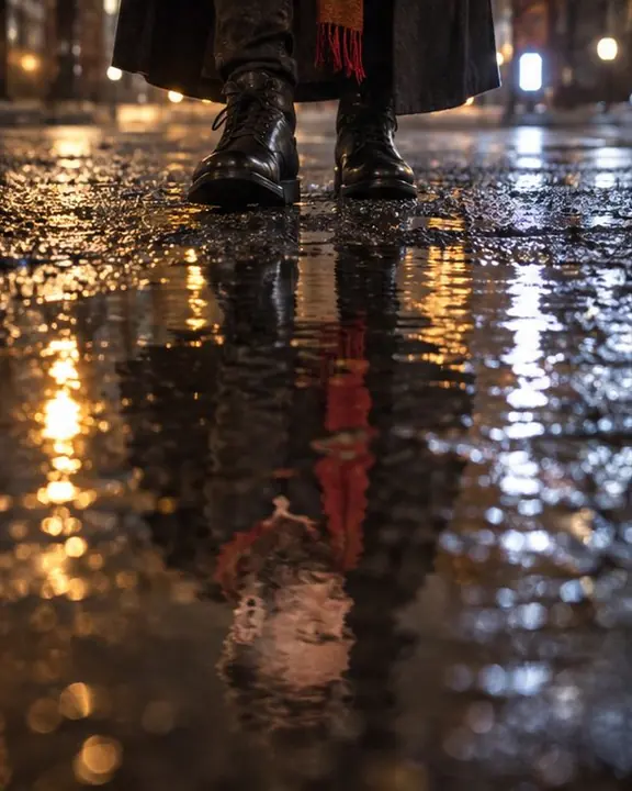 A man's real legs meet their mirror image at the waterline, his face visible only in the puddle