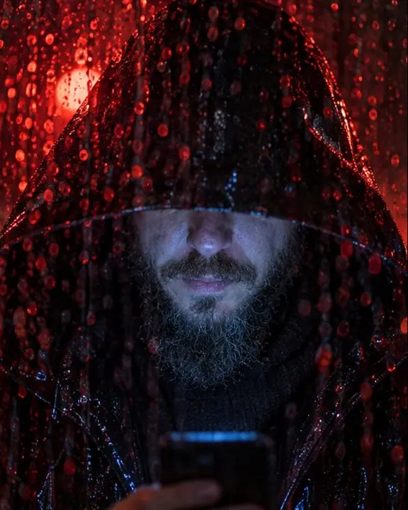A man in an oversized rubber hood, only his blue-lit lower face and beard visible through rain on glass