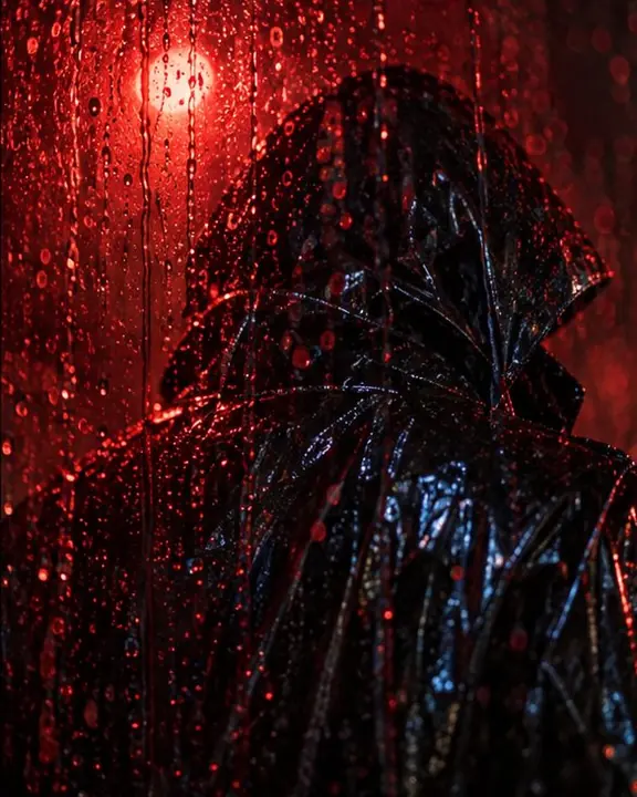 Close-up of raindrops on glass in front of a glossy black rubber hood, the drops glowing red at night