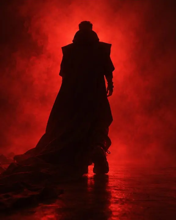 A man walking away into dense red smoke, reduced to a black cape-hoodie shape with a long train