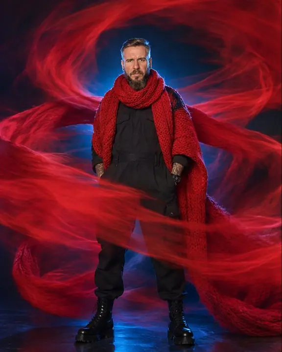 Full-length bearded man standing still as a red cloud of smeared knit fabric spirals around him on black