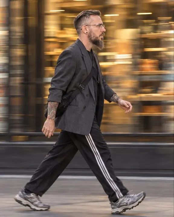 A bearded man walks fast left to right past a shopfront, side-on, the background streaked into horizontal lines
