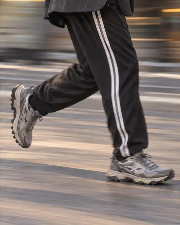 Close panning crop of striding legs in black track pants and gray trail shoes over a streaked sidewalk