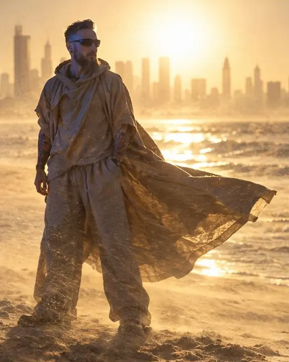 Full-length bearded man in a flying sand-colored cape inside a cloud of glowing backlit sand on a beach